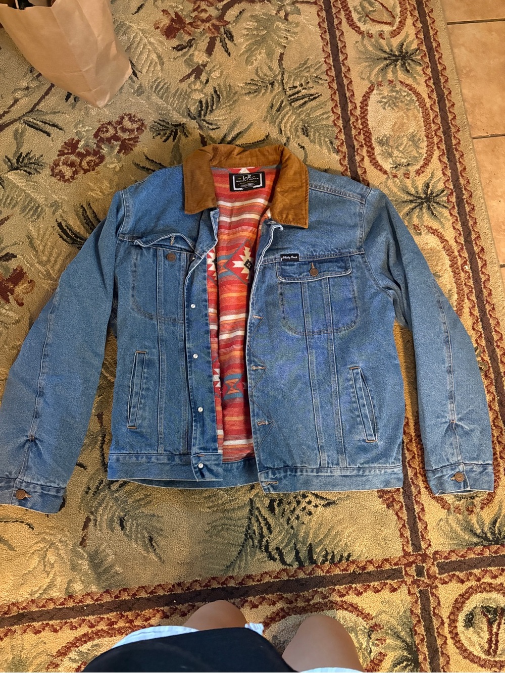 Light Blue Denim Jacket with Brown Corduroy Collar - Men's Shirt Jacket